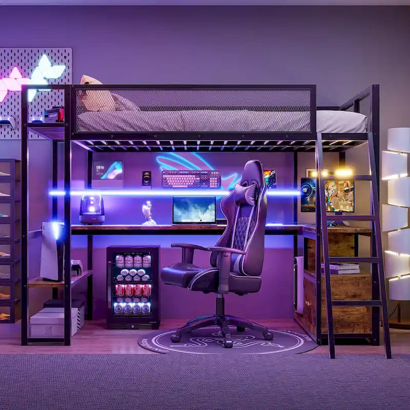 Lit mezzanine double en métal avec bureau à LED et rangements