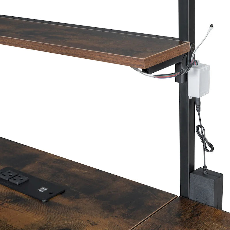 Lit mezzanine double en métal avec bureau à LED et rangements