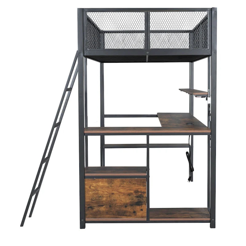 Lit mezzanine double en métal avec bureau à LED et rangements
