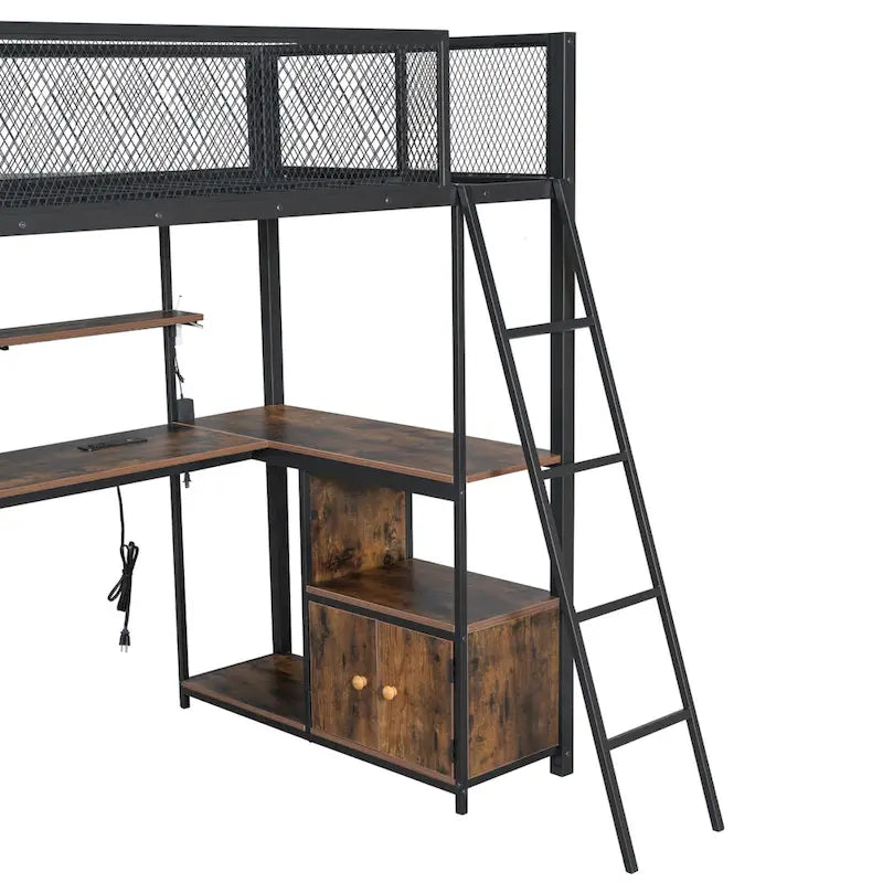 Lit mezzanine double en métal avec bureau à LED et rangements