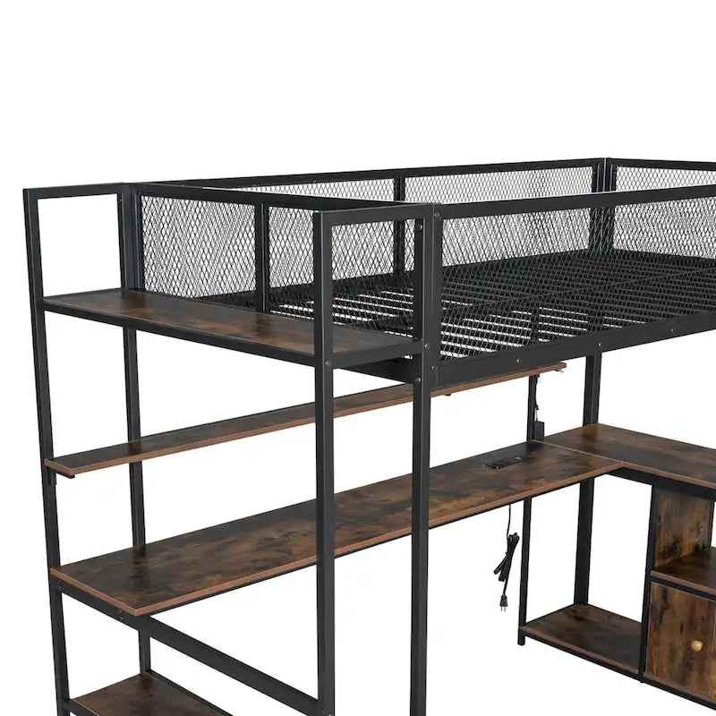 Lit mezzanine double en métal avec bureau à LED et rangements