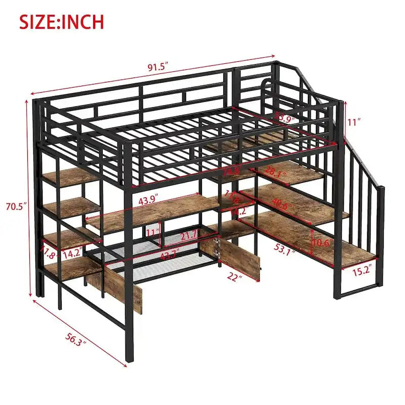 Lit mezzanine en métal avec escalier et bureau