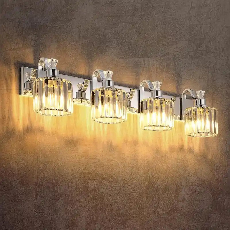Appliques murales de salle de bain chromées modernes en cristal à 4 lumières au-dessus du miroir