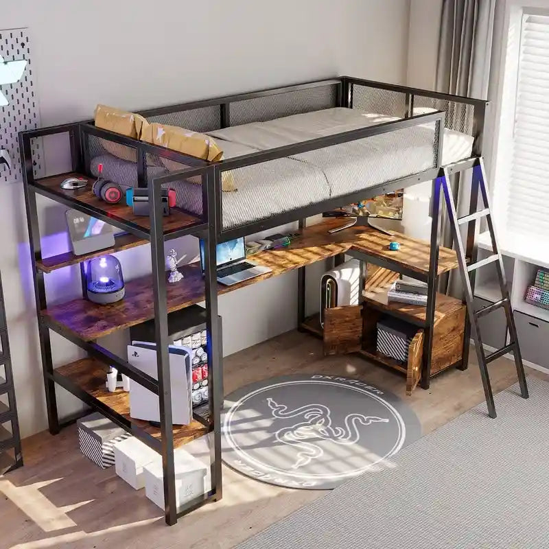Lit mezzanine double en métal avec poste de travail intégré, LED et rangements multiples