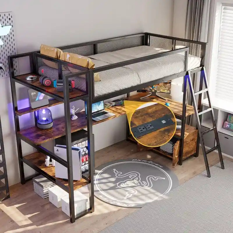 Lit mezzanine double en métal avec poste de travail intégré, LED et rangements multiples