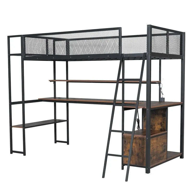 Lit mezzanine double en métal avec poste de travail intégré, LED et rangements multiples