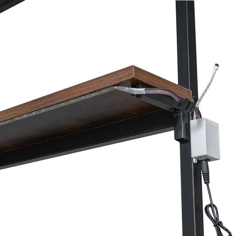 Lit mezzanine double en métal avec poste de travail intégré, LED et rangements multiples