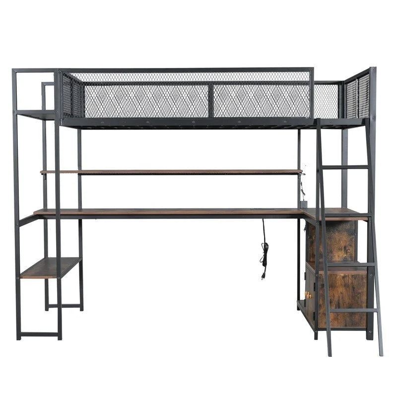Lit mezzanine double en métal avec poste de travail intégré, LED et rangements multiples