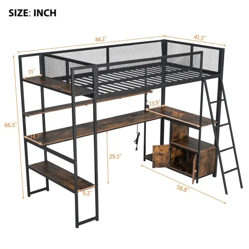 Lit mezzanine double en métal avec poste de travail intégré, LED et rangements multiples