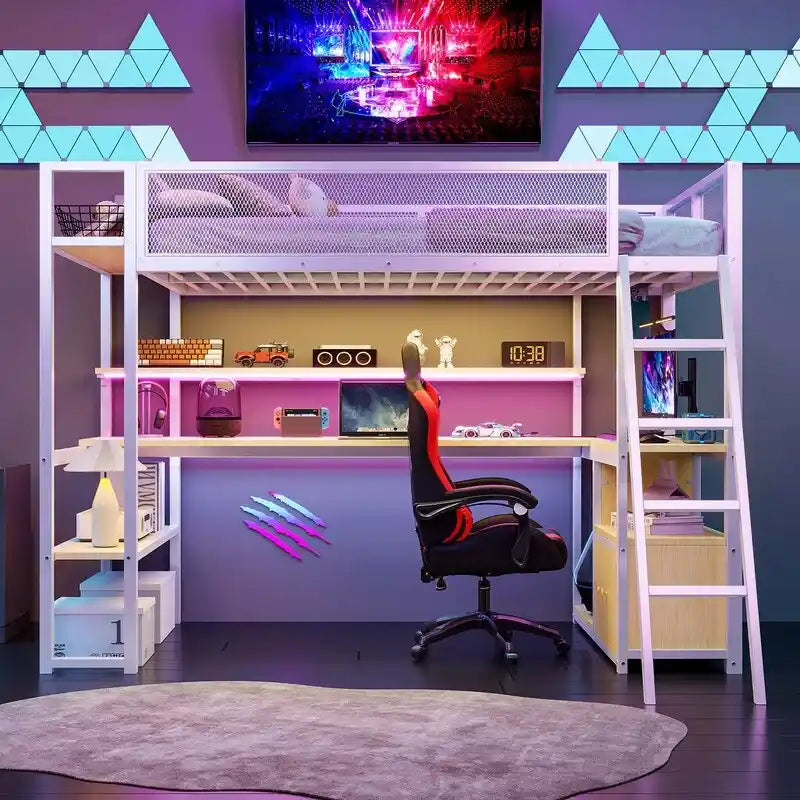 Lit mezzanine double en métal avec poste de travail intégré, LED et rangements multiples
