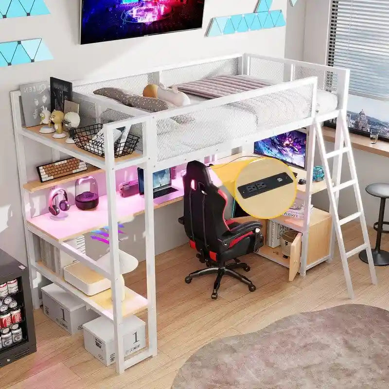 Lit mezzanine double en métal avec poste de travail intégré, LED et rangements multiples