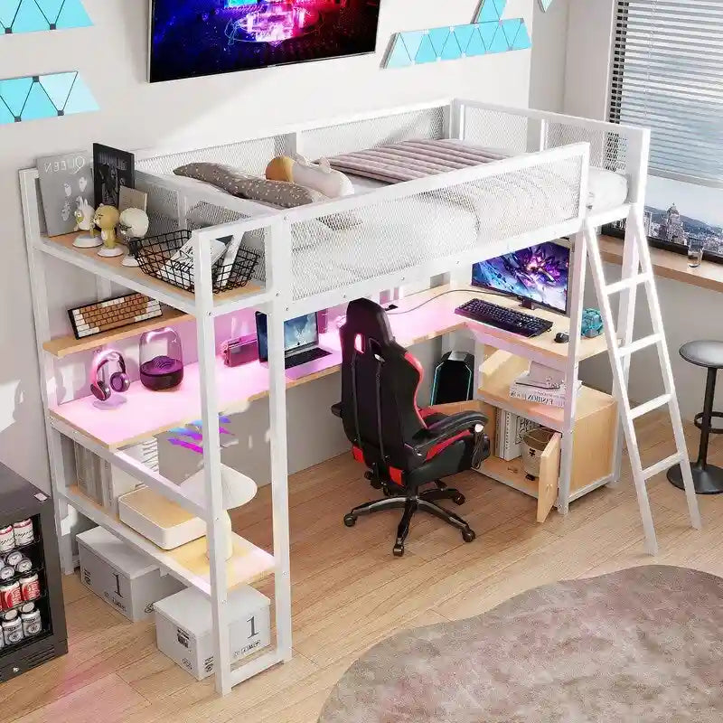 Lit mezzanine double en métal avec poste de travail intégré, LED et rangements multiples