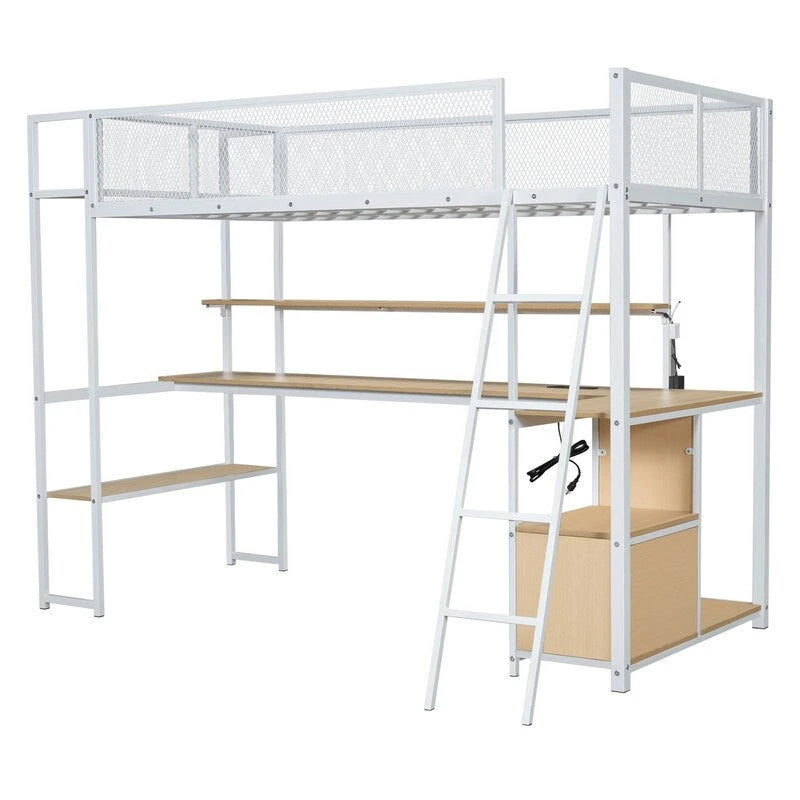 Lit mezzanine double en métal avec poste de travail intégré, LED et rangements multiples