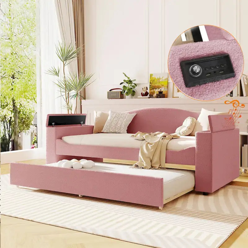 Lit banquette rembourré double avec accoudoirs de rangement, lit gigogne et dernier système audio Bluetooth intégré, polaire teddy, gris