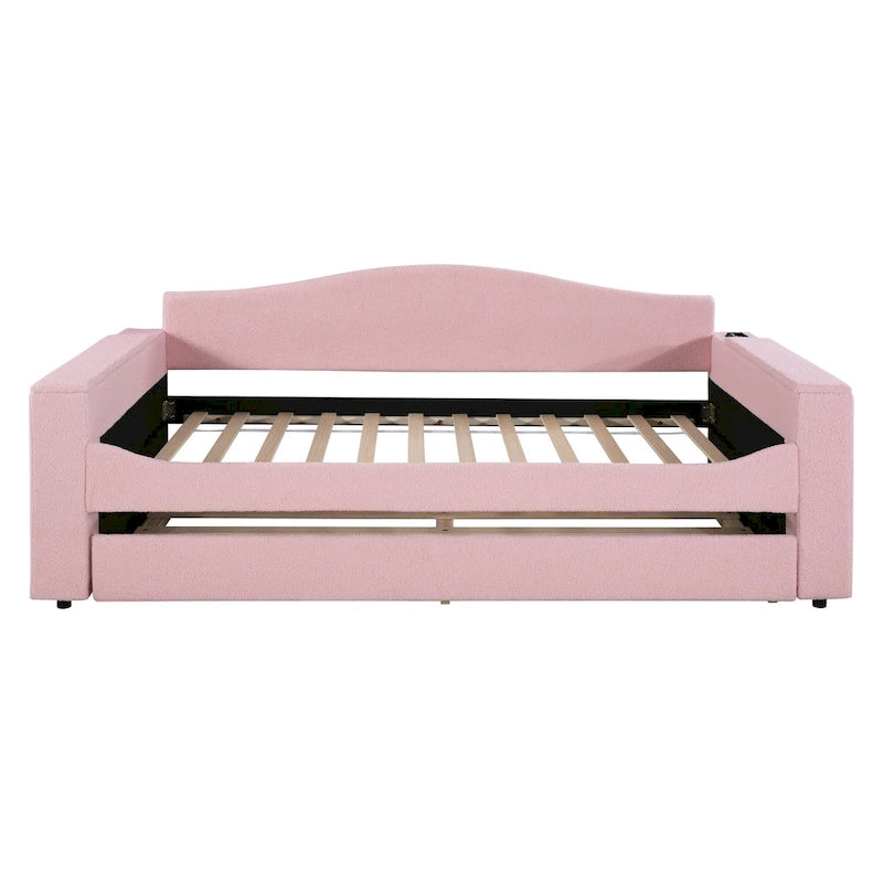Lit banquette rembourré double avec accoudoirs de rangement, lit gigogne et dernier système audio Bluetooth intégré, polaire teddy, gris