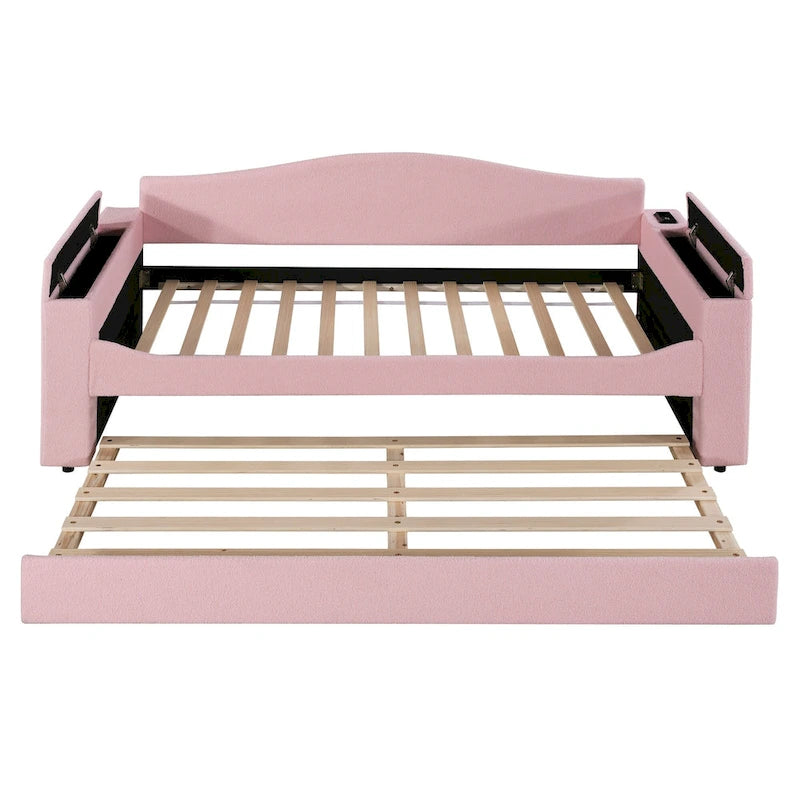 Lit banquette rembourré double avec accoudoirs de rangement, lit gigogne et dernier système audio Bluetooth intégré, polaire teddy, gris