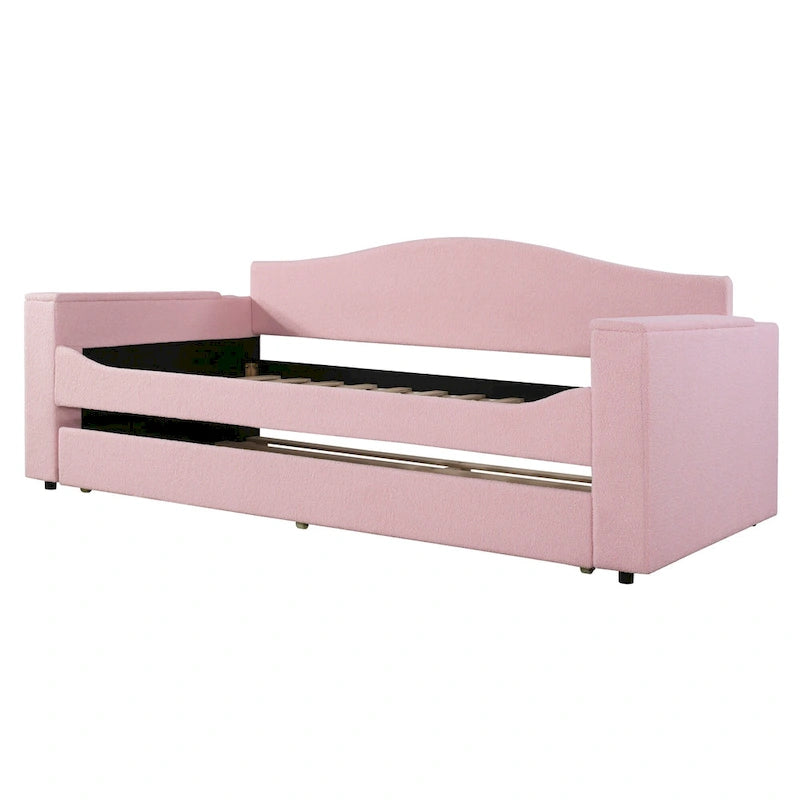 Lit banquette rembourré double avec accoudoirs de rangement, lit gigogne et dernier système audio Bluetooth intégré, polaire teddy, gris