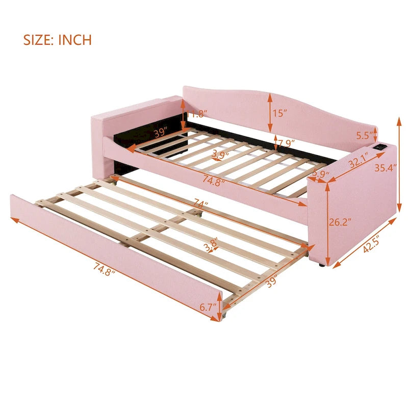 Lit banquette rembourré double avec accoudoirs de rangement, lit gigogne et dernier système audio Bluetooth intégré, polaire teddy, gris