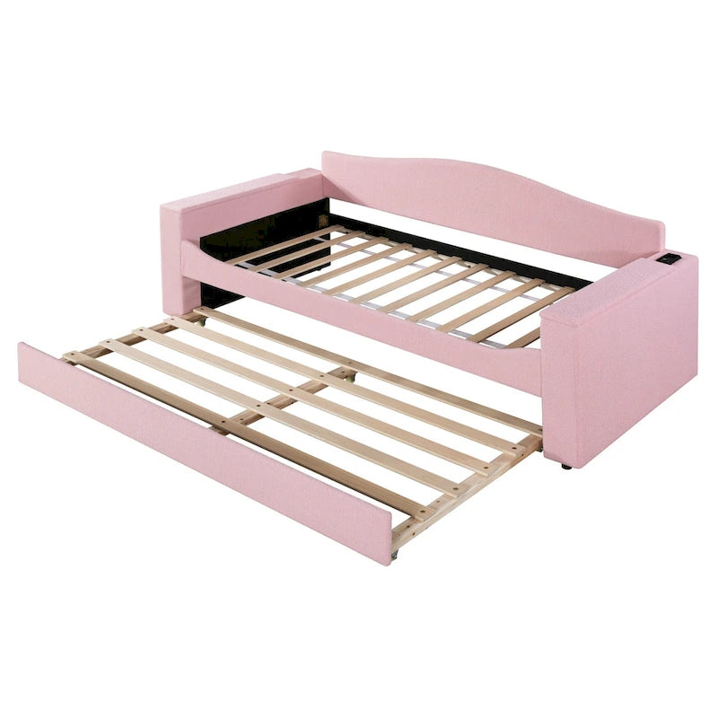 Lit banquette rembourré double avec accoudoirs de rangement, lit gigogne et dernier système audio Bluetooth intégré, polaire teddy, gris