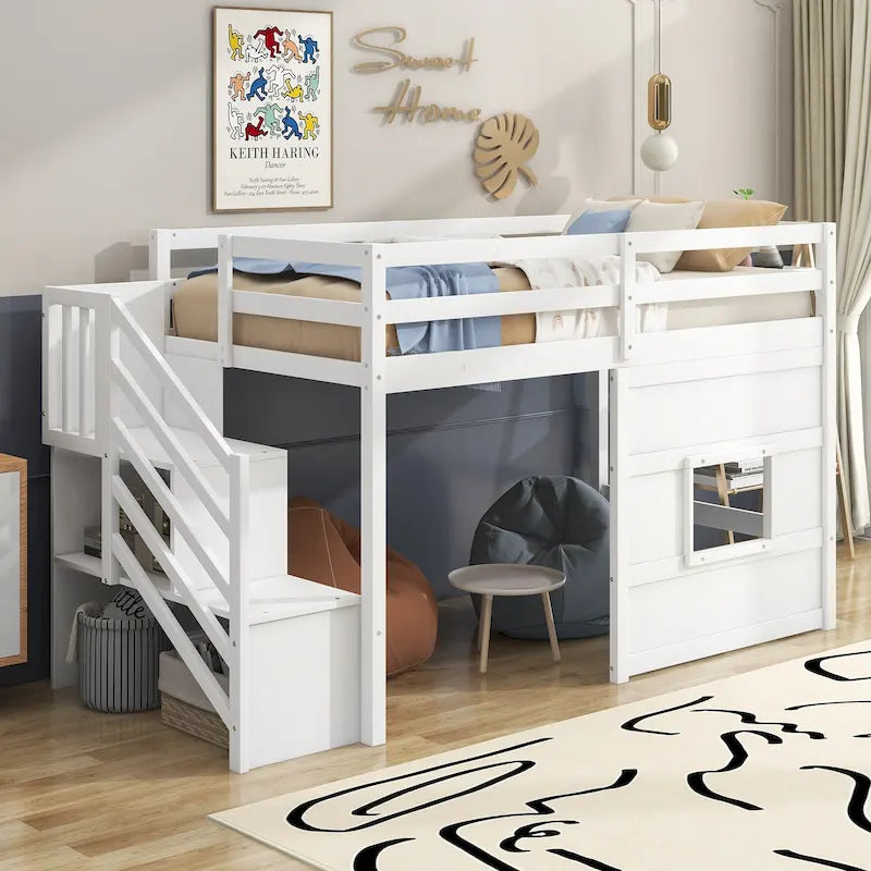 Lit mezzanine jumeau avec escalier de rangement et fenêtre, cadre de lit en bois