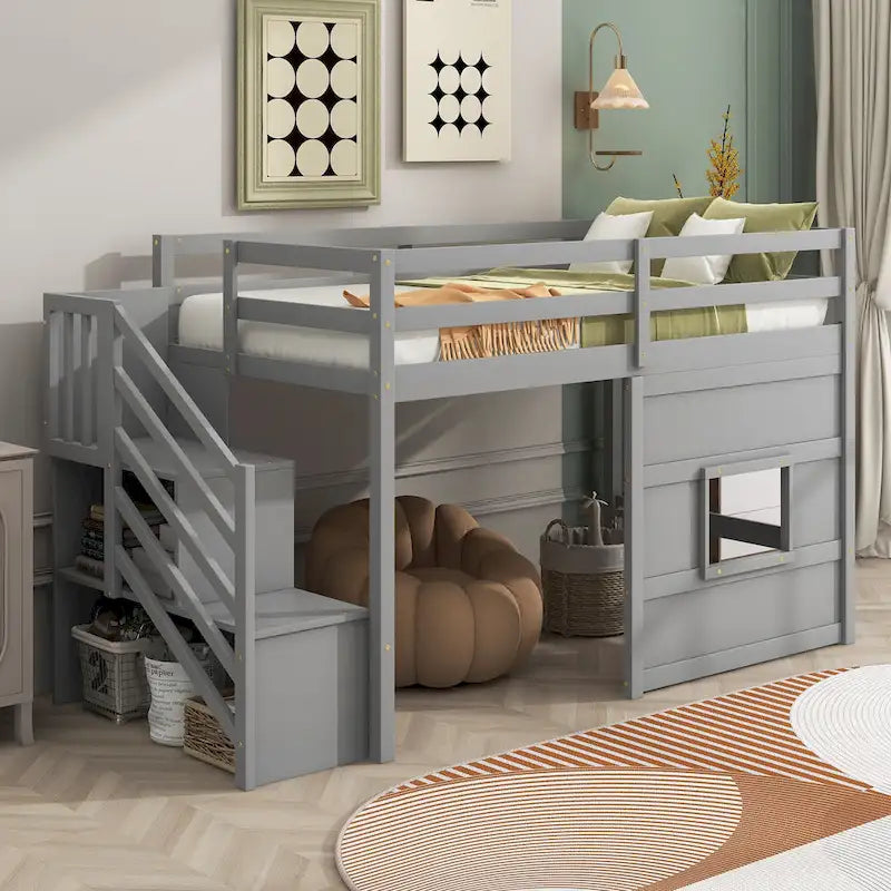 Twin Size Loft Bed with Storage Staircase and Window, Wood Bedframe