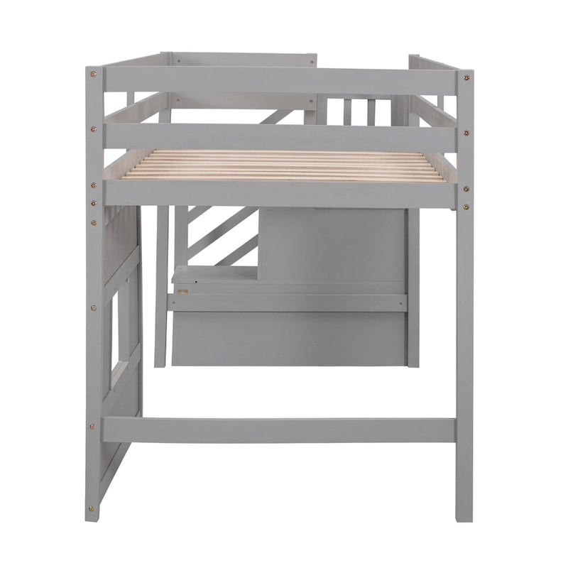 Lit mezzanine jumeau avec escalier de rangement et fenêtre, cadre de lit en bois
