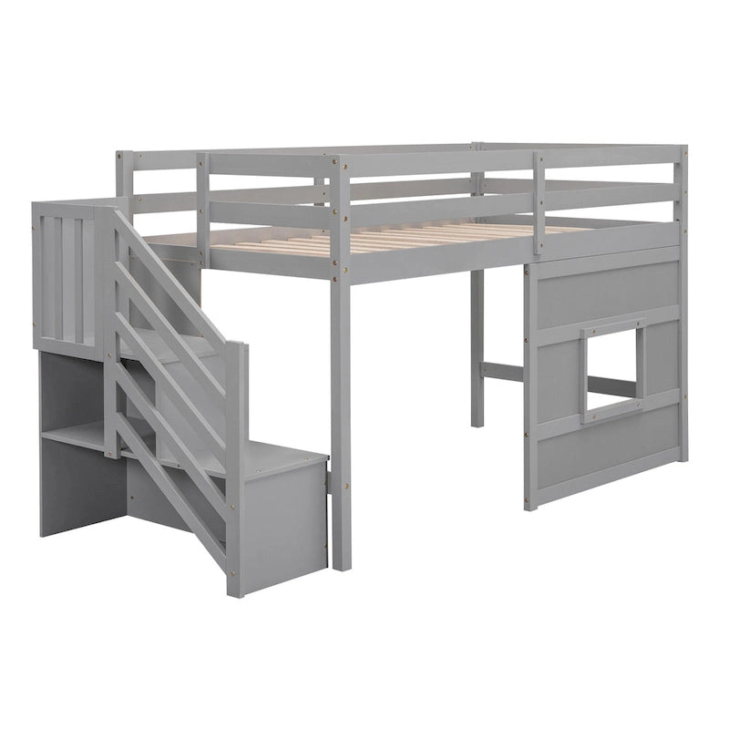 Lit mezzanine jumeau avec escalier de rangement et fenêtre, cadre de lit en bois