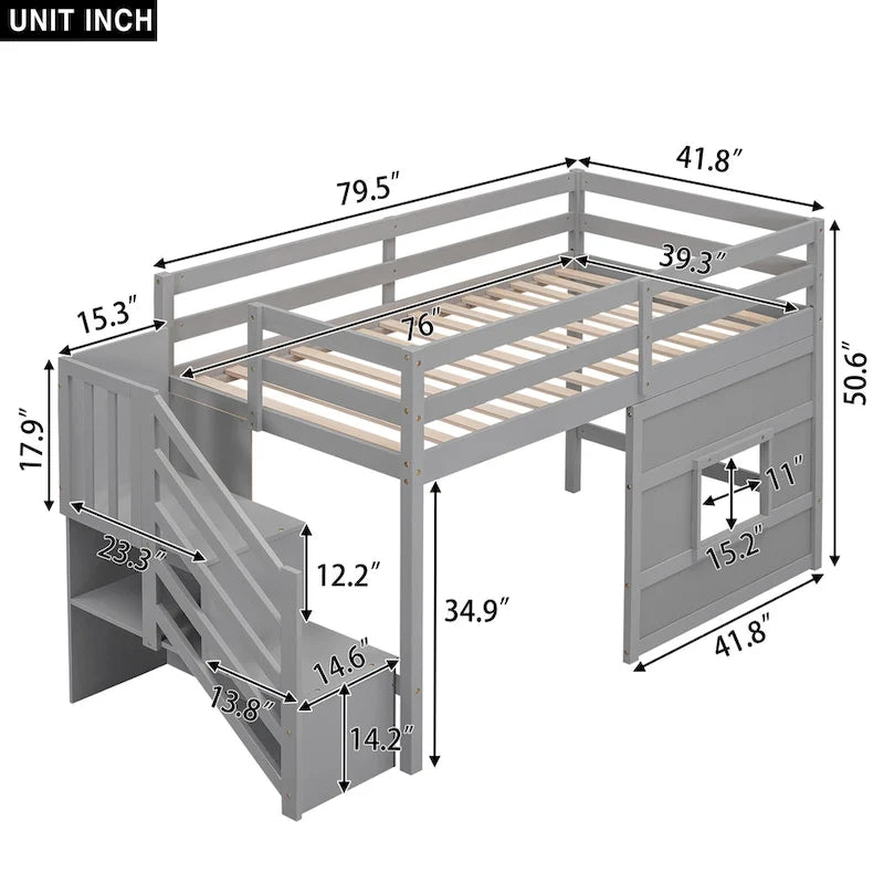 Lit mezzanine jumeau avec escalier de rangement et fenêtre, cadre de lit en bois