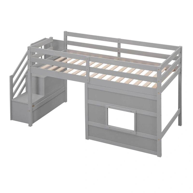 Lit mezzanine jumeau avec escalier de rangement et fenêtre, cadre de lit en bois