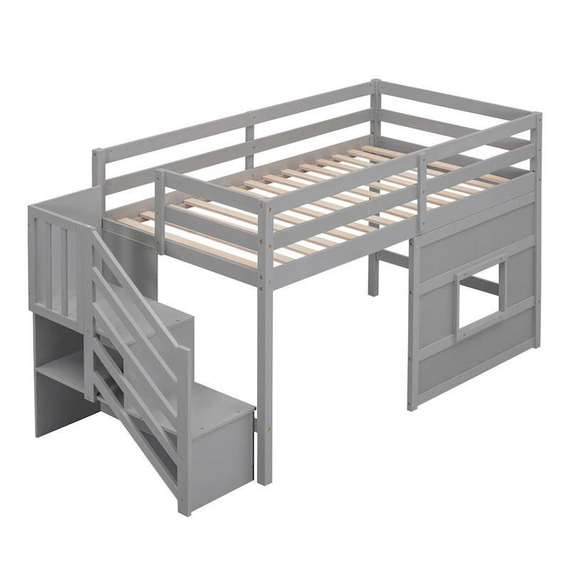 Lit mezzanine jumeau avec escalier de rangement et fenêtre, cadre de lit en bois
