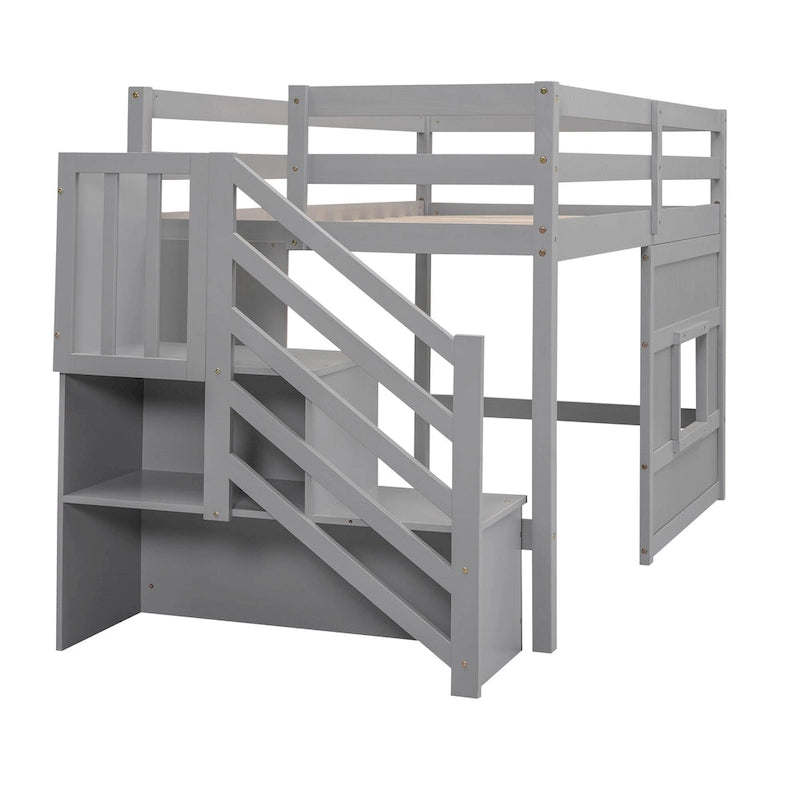Lit mezzanine jumeau avec escalier de rangement et fenêtre, cadre de lit en bois