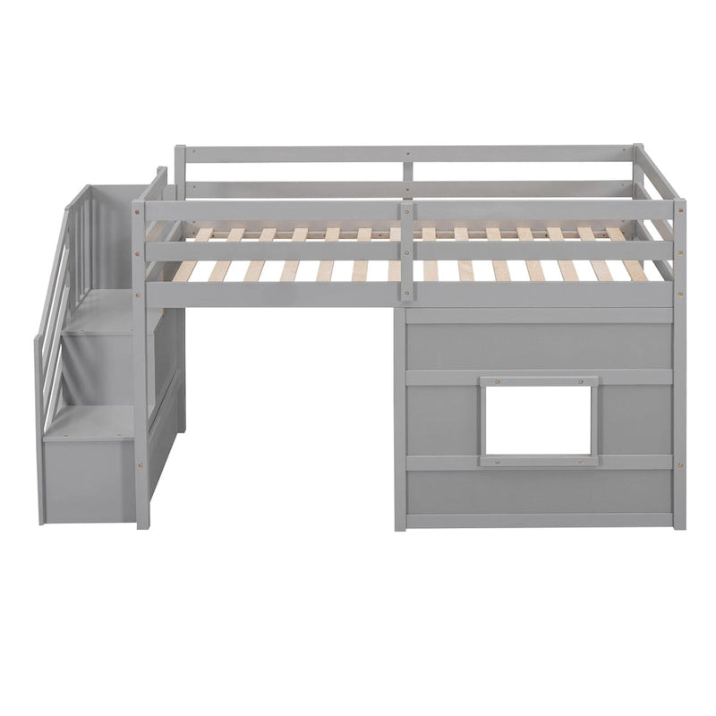 Lit mezzanine jumeau avec escalier de rangement et fenêtre, cadre de lit en bois