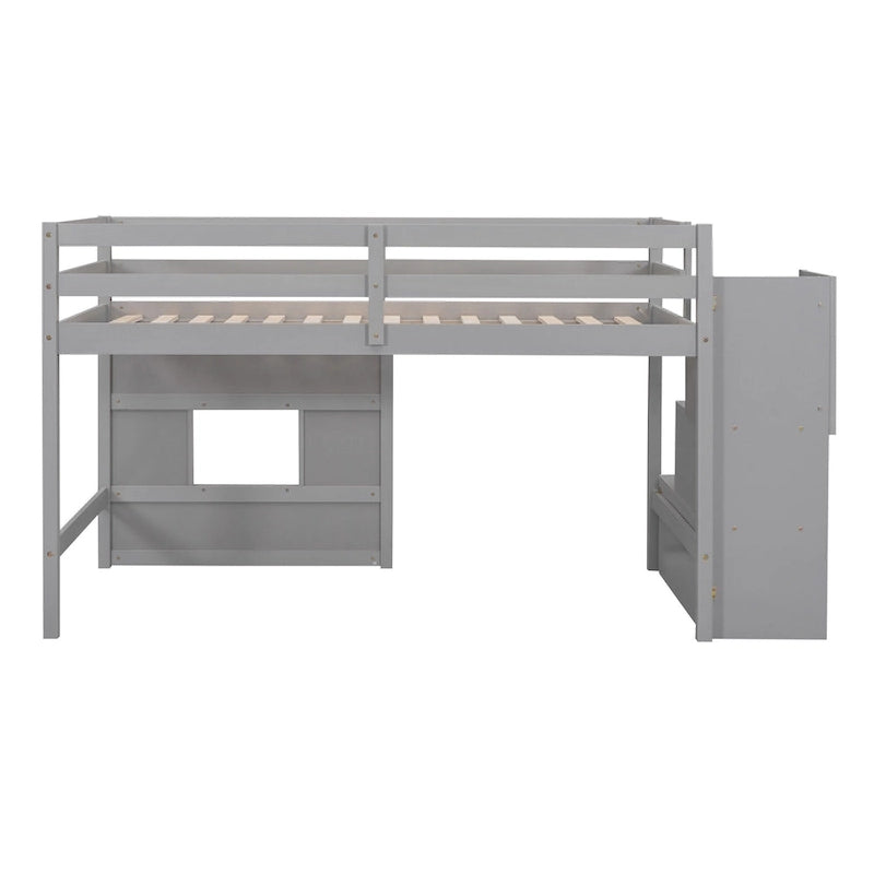 Lit mezzanine jumeau avec escalier de rangement et fenêtre, cadre de lit en bois