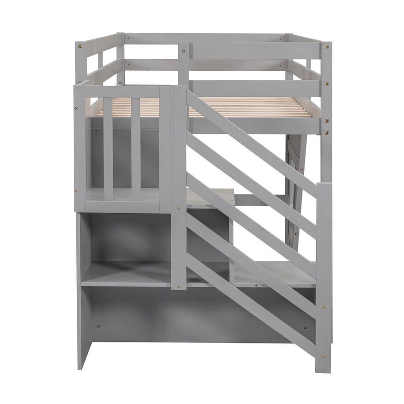 Lit mezzanine jumeau avec escalier de rangement et fenêtre, cadre de lit en bois