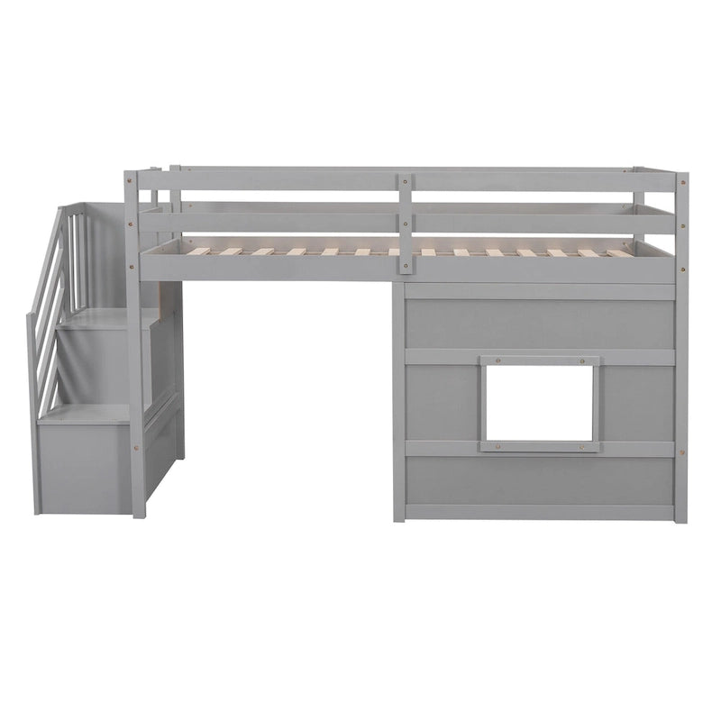 Lit mezzanine jumeau avec escalier de rangement et fenêtre, cadre de lit en bois