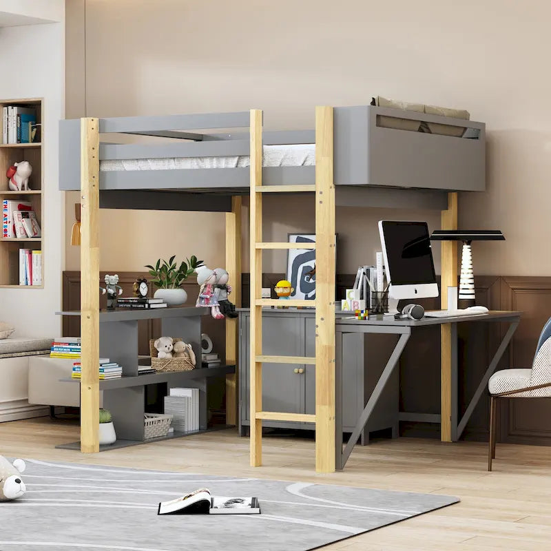 Lit mezzanine pleine grandeur en bois avec armoire de rangement intégrée et cubes, bureau rabattable, blanc