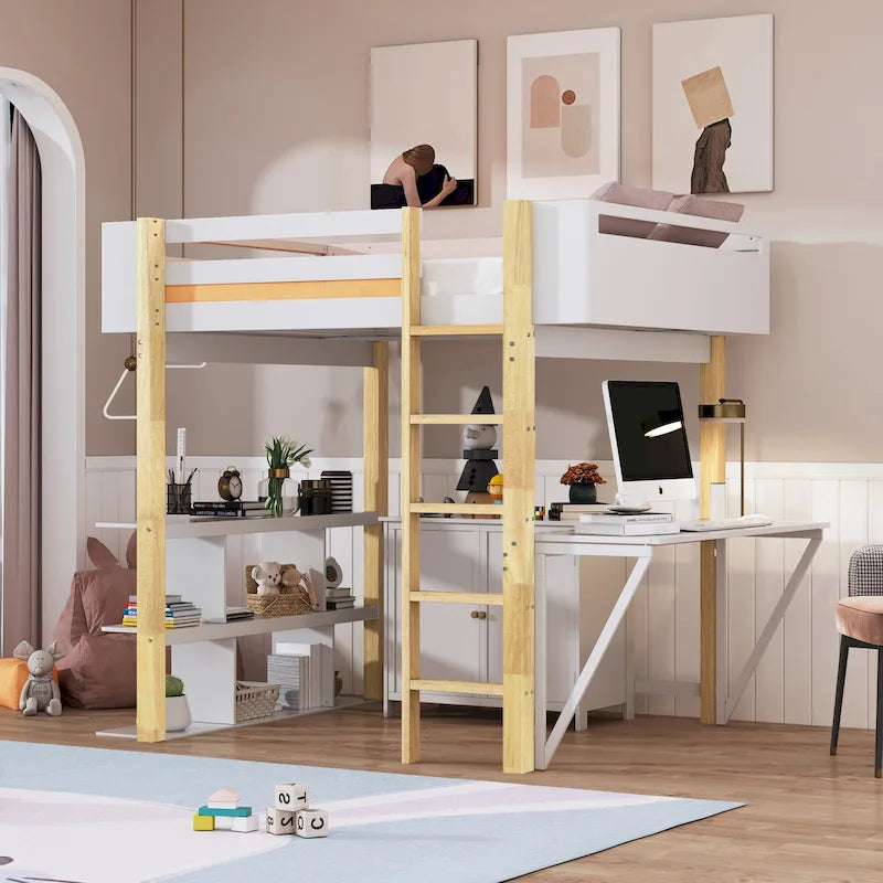 Lit mezzanine pleine grandeur en bois avec armoire de rangement intégrée et cubes, bureau rabattable, blanc