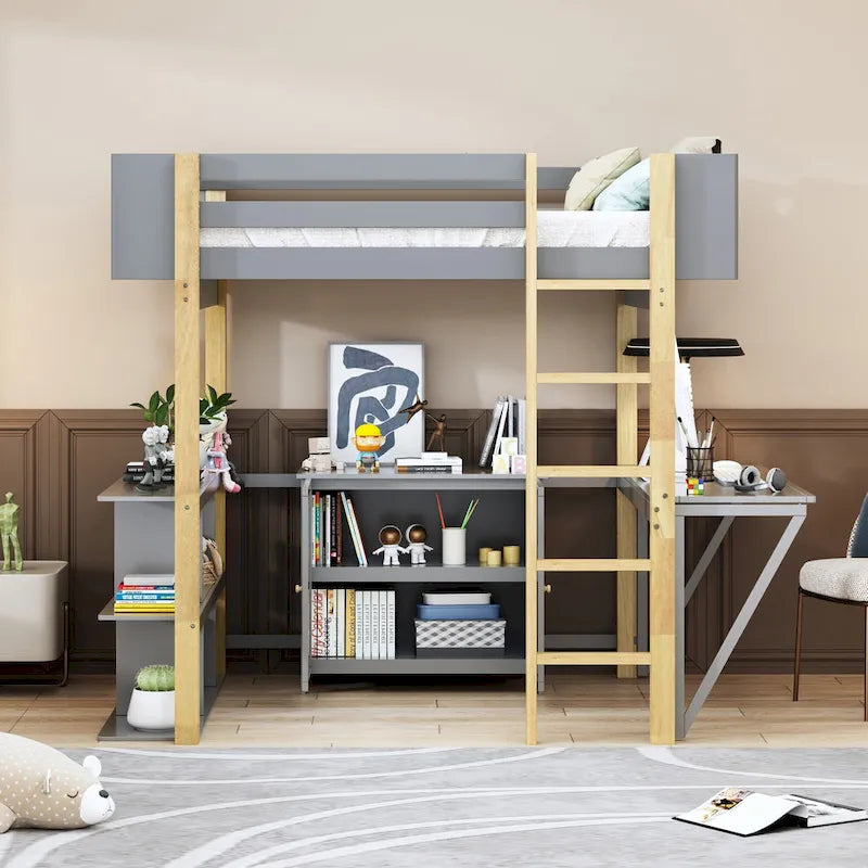 Lit mezzanine pleine grandeur en bois avec armoire de rangement intégrée et cubes, bureau rabattable, blanc