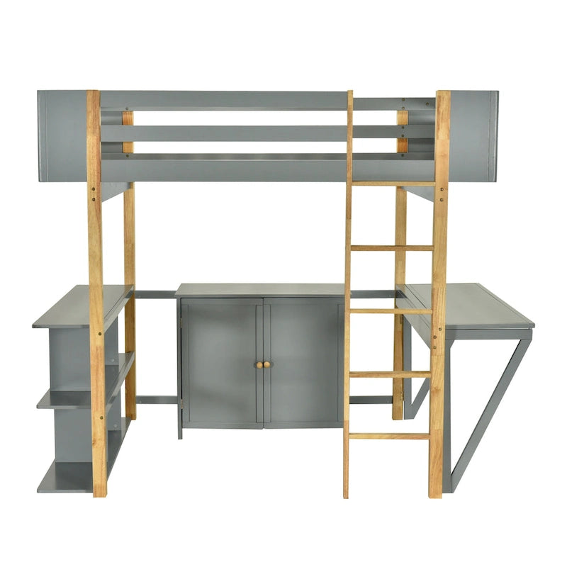 Lit mezzanine pleine grandeur en bois avec armoire de rangement intégrée et cubes, bureau rabattable, blanc
