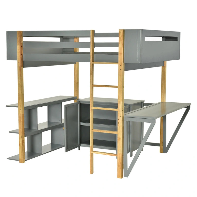 Lit mezzanine pleine grandeur en bois avec armoire de rangement intégrée et cubes, bureau rabattable, blanc