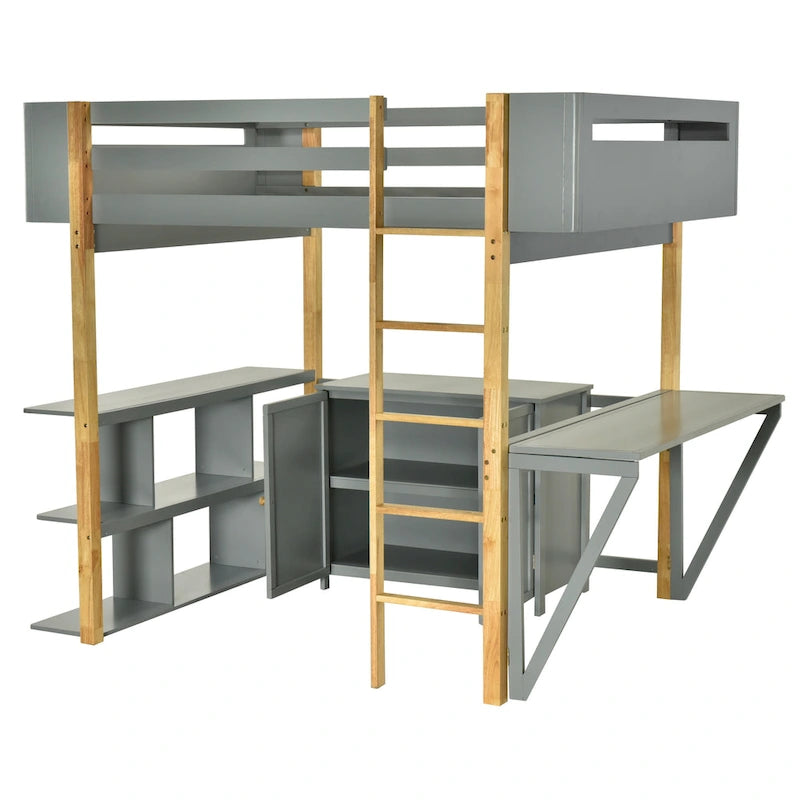 Lit mezzanine pleine grandeur en bois avec armoire de rangement intégrée et cubes, bureau rabattable, blanc