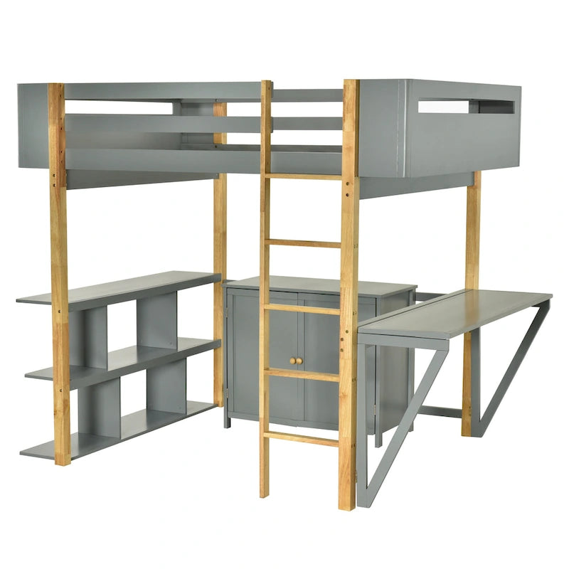Lit mezzanine pleine grandeur en bois avec armoire de rangement intégrée et cubes, bureau rabattable, blanc