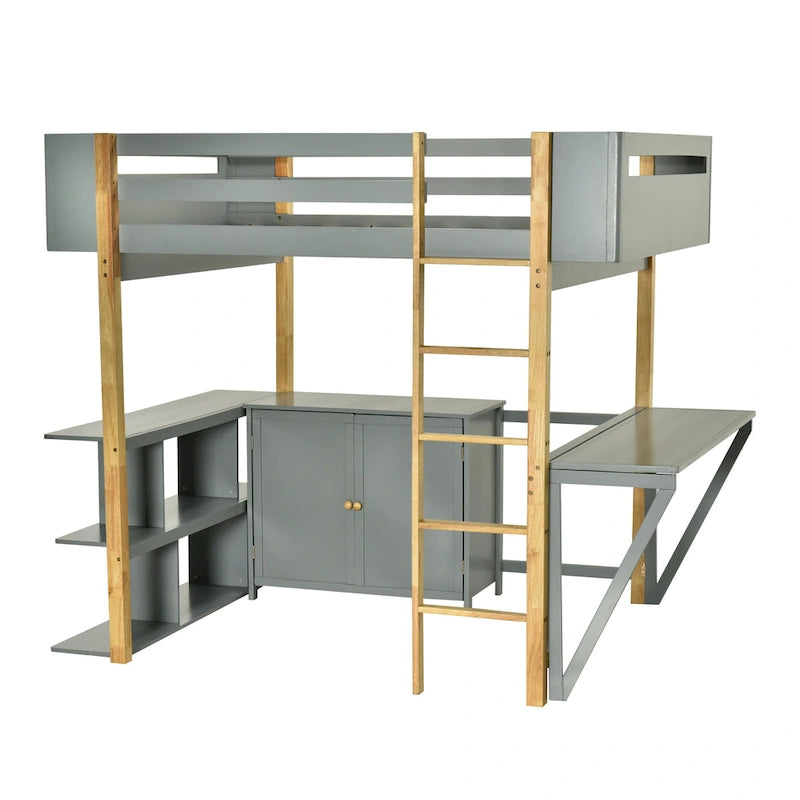 Lit mezzanine pleine grandeur en bois avec armoire de rangement intégrée et cubes, bureau rabattable, blanc