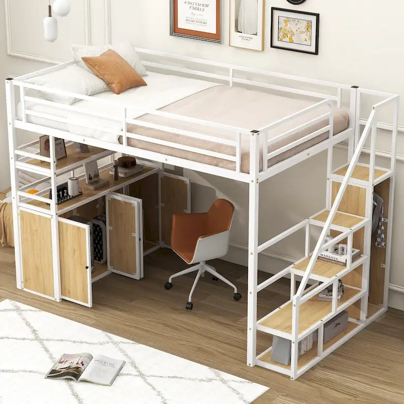Lit mezzanine double en métal avec escalier de rangement, armoire et étagères