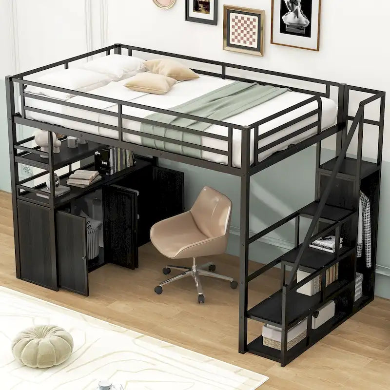 Lit mezzanine double en métal avec escalier de rangement, armoire et étagères