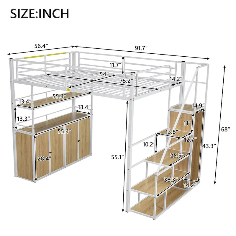 Lit mezzanine double en métal avec escalier de rangement, armoire et étagères