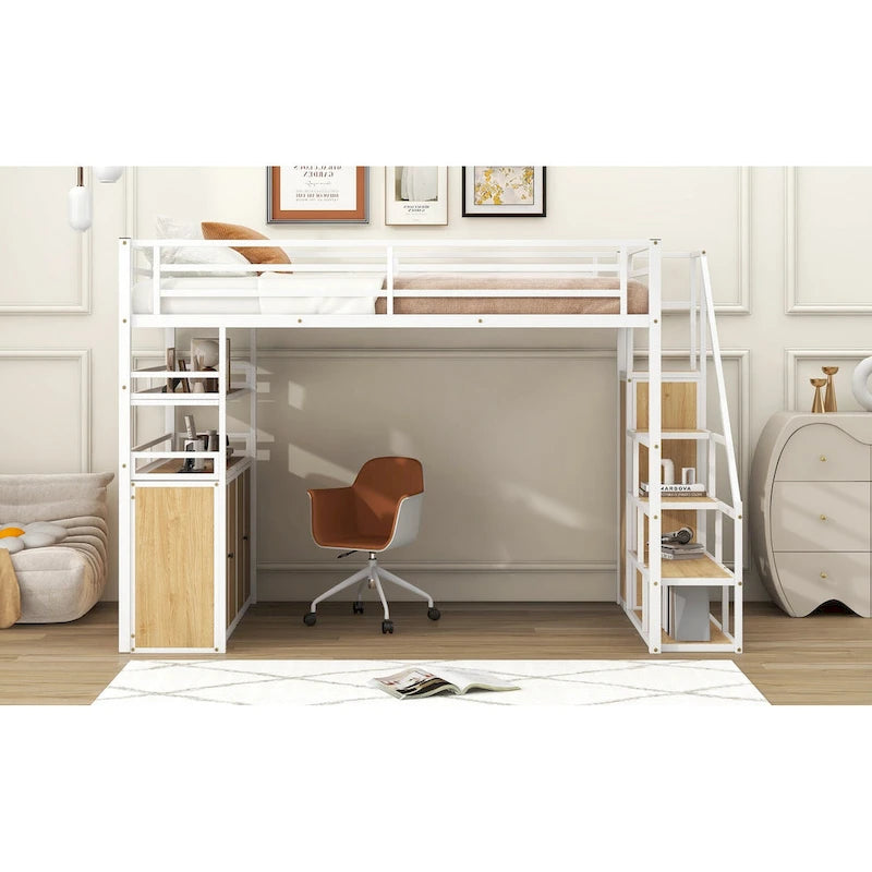 Lit mezzanine double en métal avec escalier de rangement, armoire et étagères