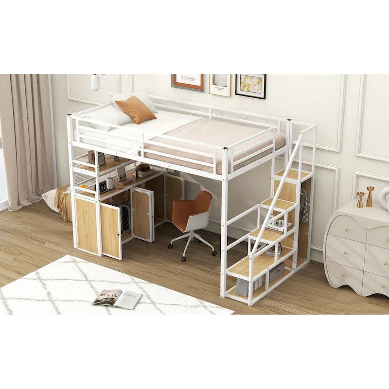 Lit mezzanine double en métal avec escalier de rangement, armoire et étagères