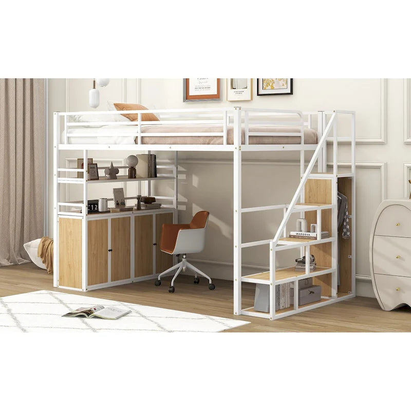 Lit mezzanine double en métal avec escalier de rangement, armoire et étagères
