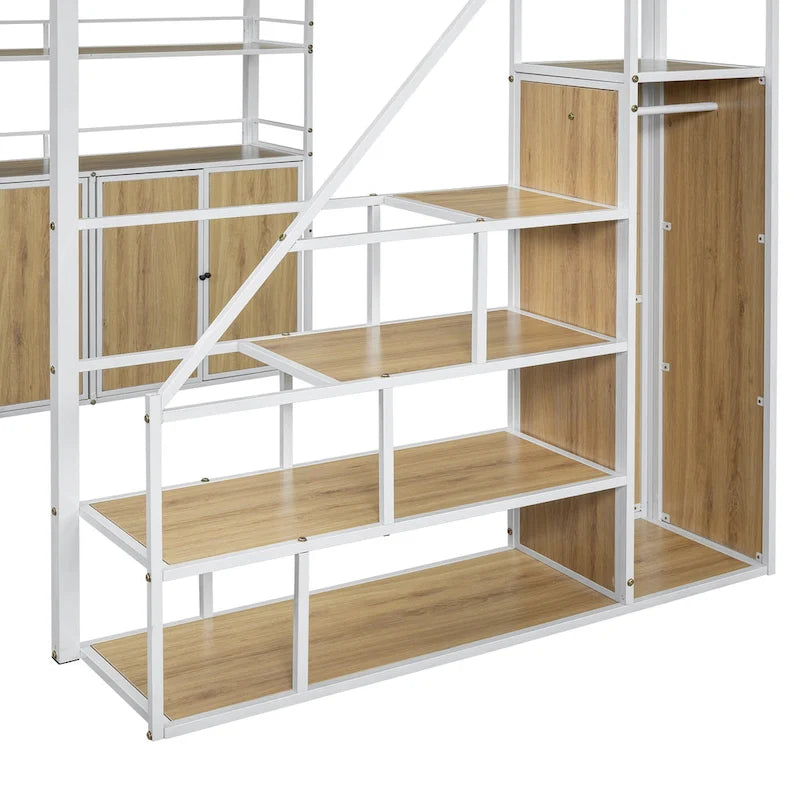 Lit mezzanine double en métal avec escalier de rangement, armoire et étagères